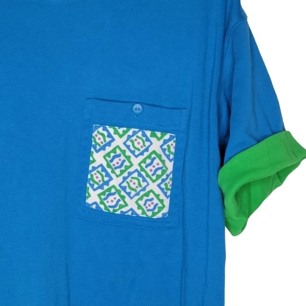 Vintage 80s American Sportif Double Layered Pocket Tee T-Shirt Blue Green - Picture 4 of 5